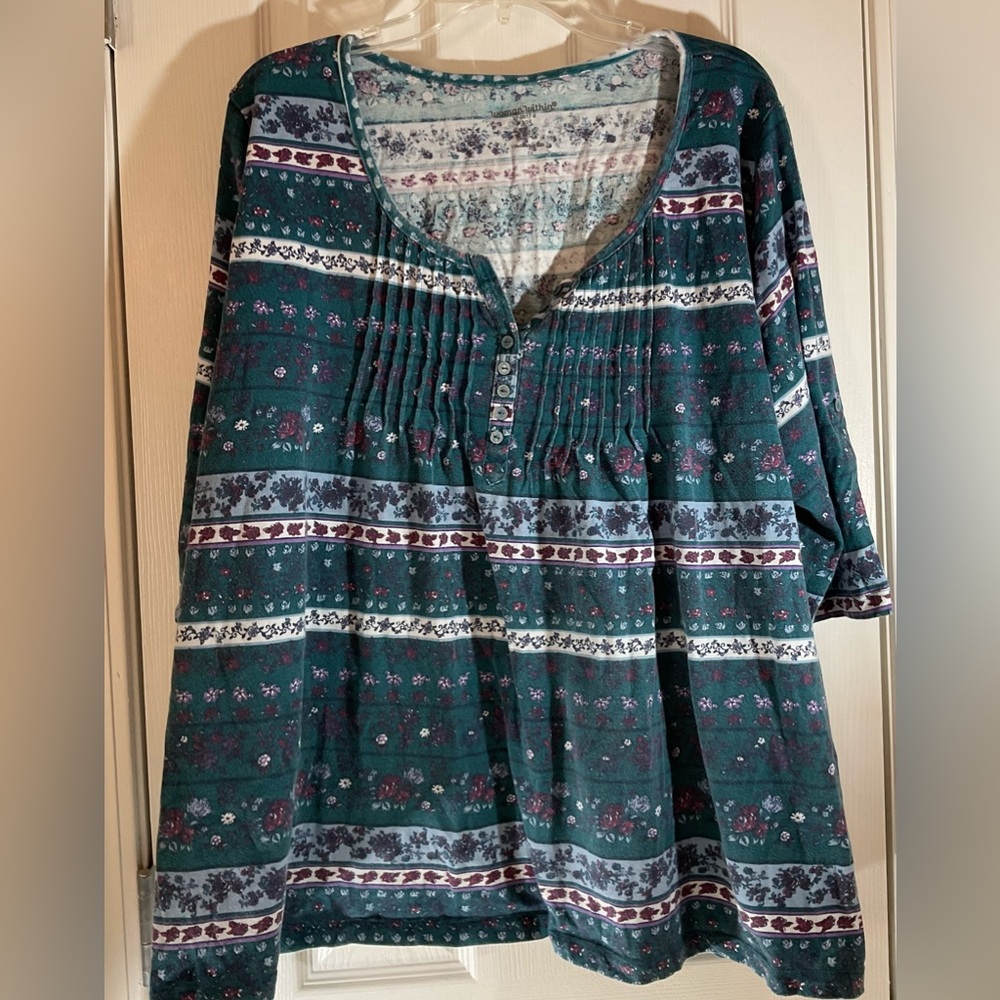 Woman Within Floral Blouse Green Multicolored Size Plus 22/24   3/4 Sleeve Knit